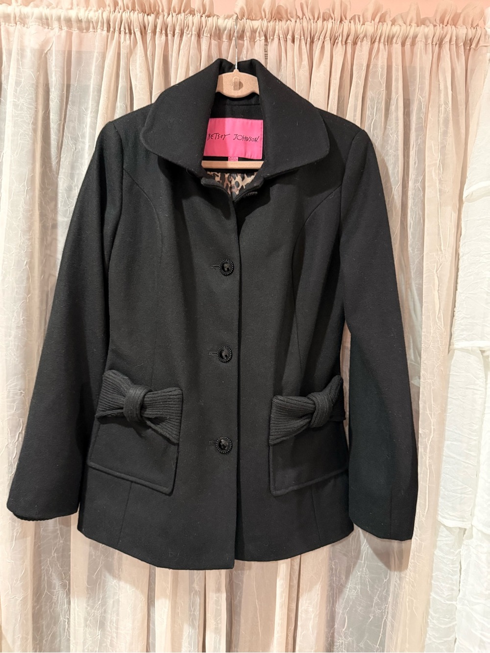 Betsey Johnson Black Pea Coat with Knit Bow Accents